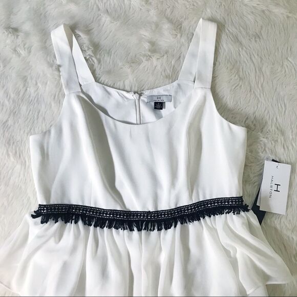 HALSTON White Black Sleeveless Fringe Cocktail Dress Tiered‎ Ruffle Size 6 New - Picture 3 of 15